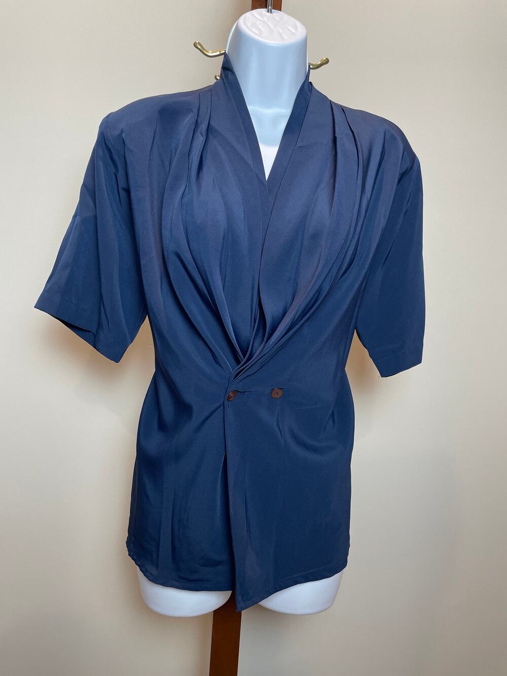 Yves St. Clair Navy Blue Short Sleeve Blouse Shoulder Pads Size 10